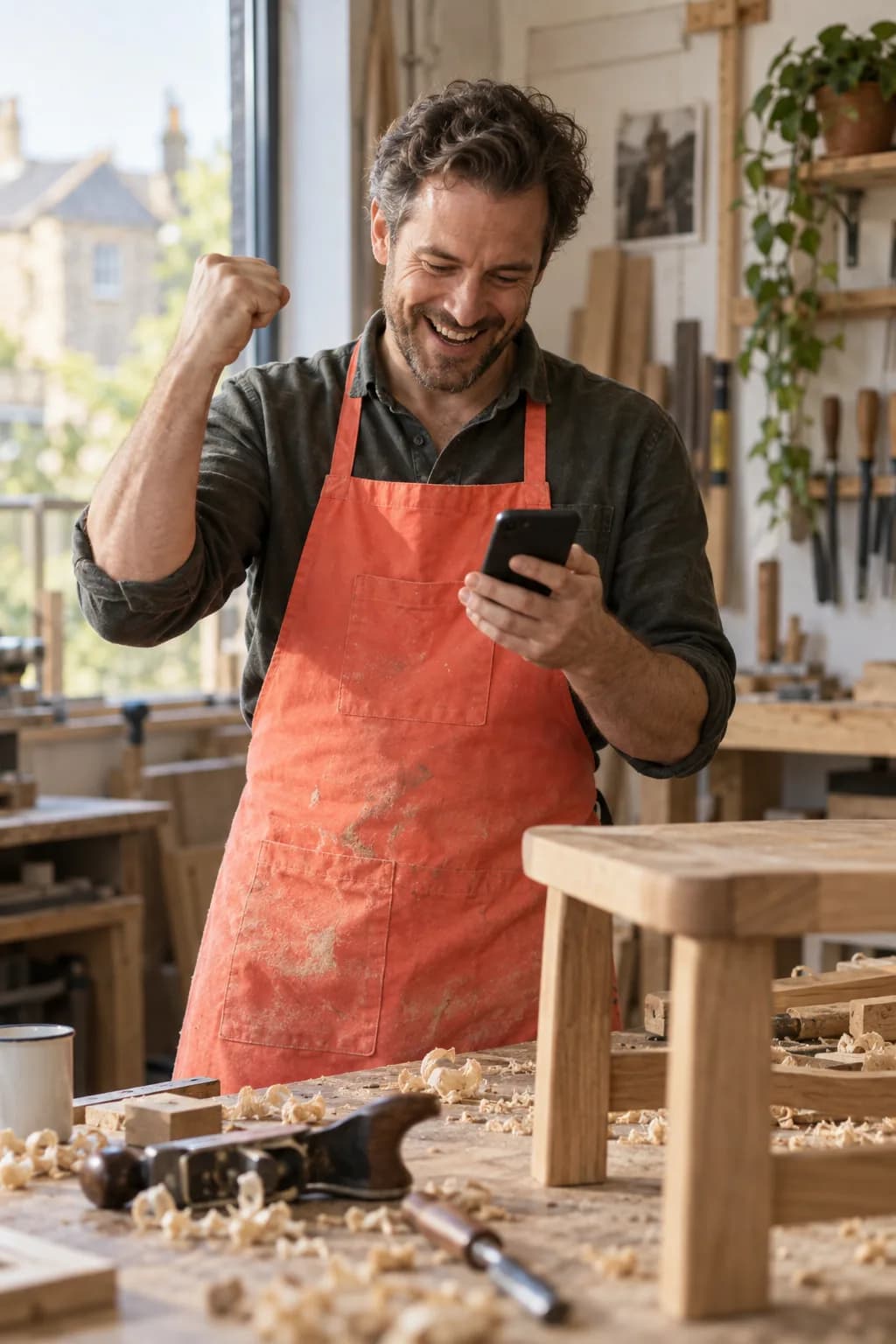 A furniture maker celebrates as his applet goes live