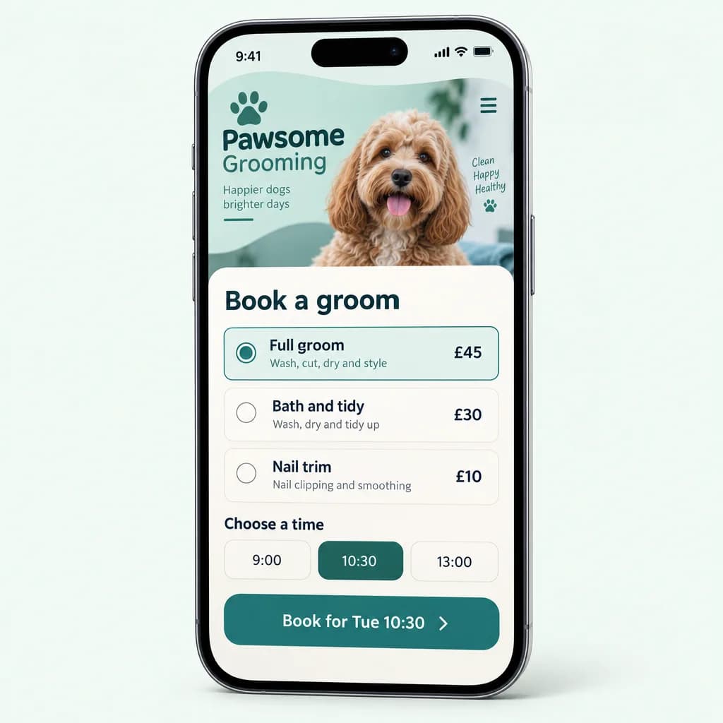 The finished Pawsome Grooming applet on a phone: services with prices, time slots and a Book button