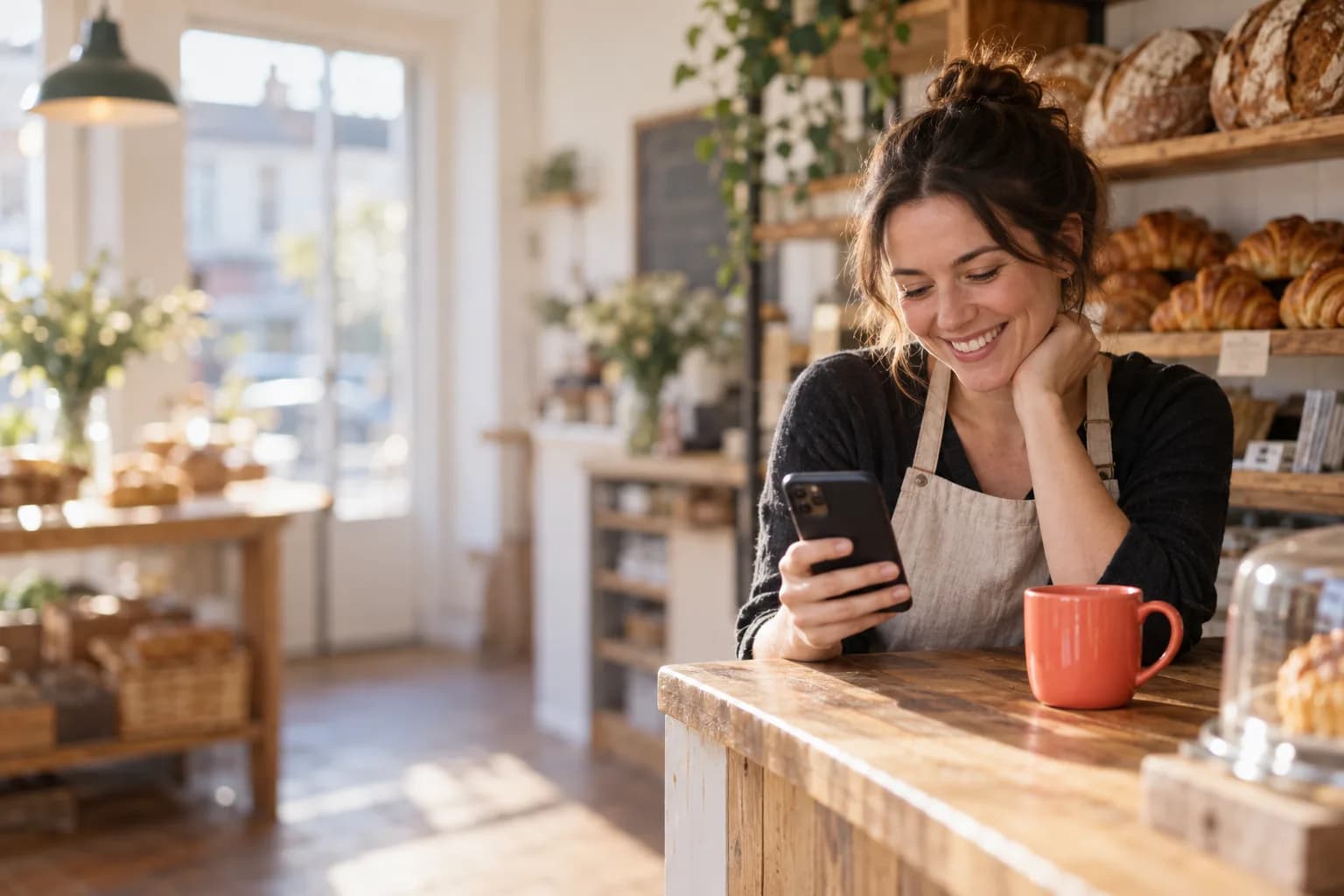 A bakery owner checks orders on her phone behind the counter